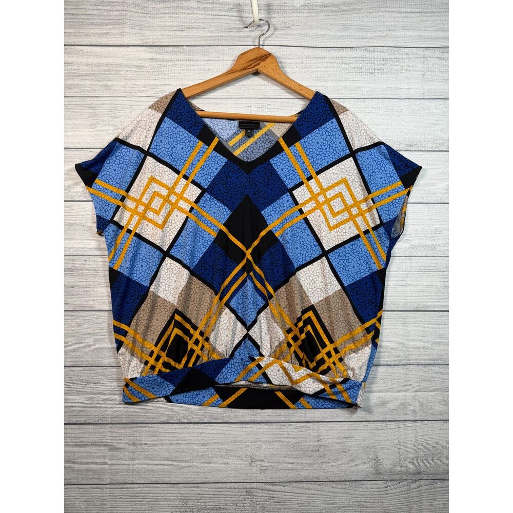 Worthington Women's XL Blue Yellow Geometric V-Neck Dolman Blouse Top 4353